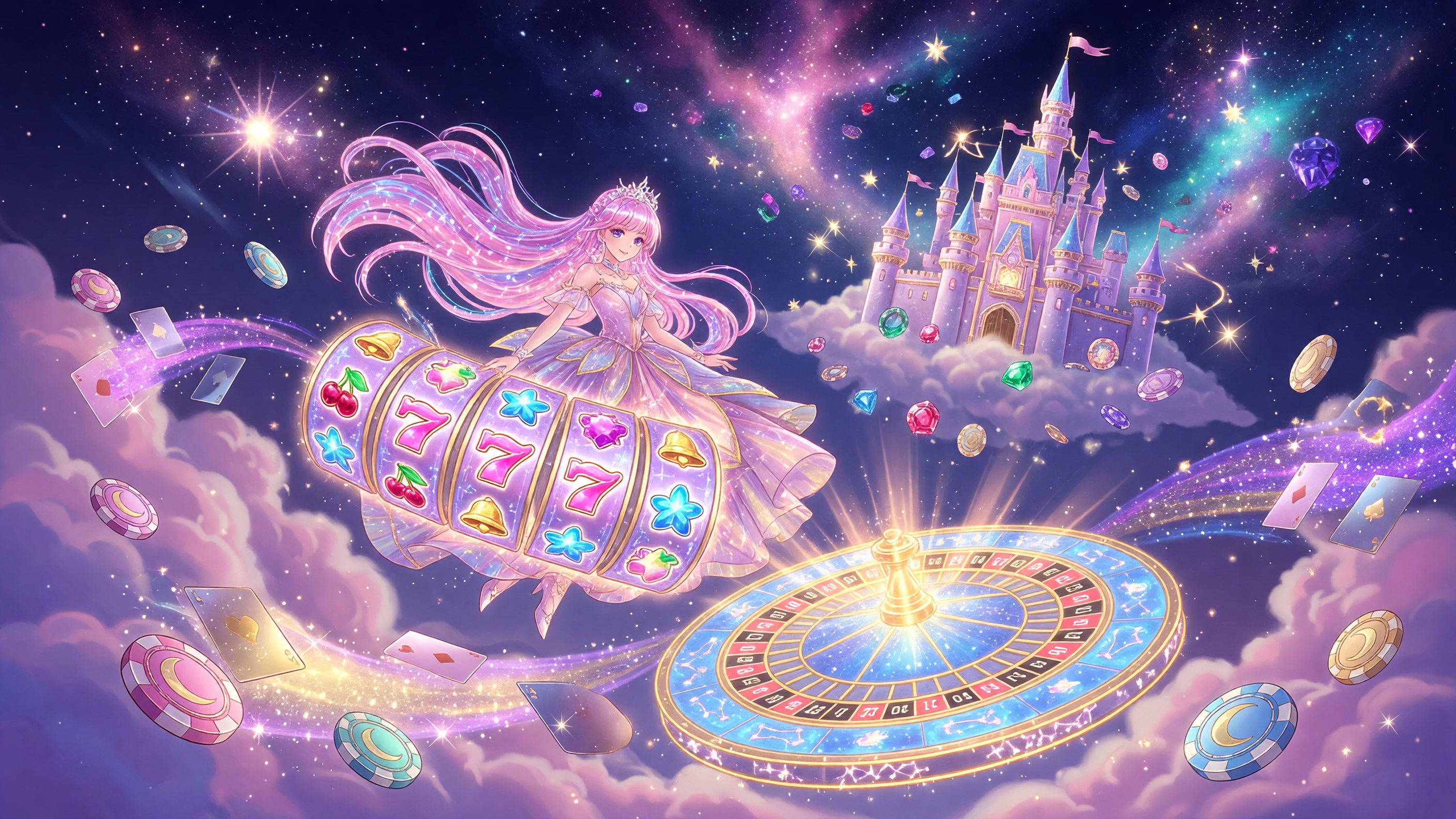 An anime-styled starfall princess floats beside a candy-hued sky castle, surrounded by glowing slot reels, a roulette wheel, playing cards, and casino chips drifting among falling stardust